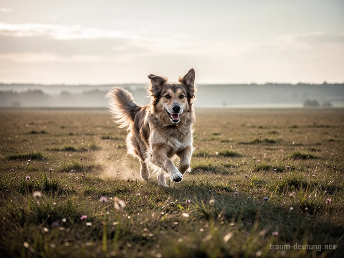 Ein Hund rennt frei über eine weite Wiese ohne Leine.