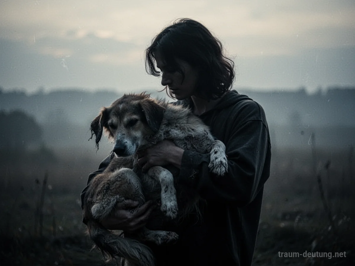 Eine Person hält einen sterbenden Hund in den Armen, umgeben von gedämpftem Licht.