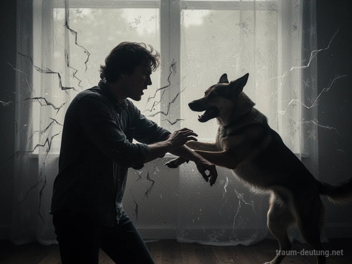 Schatten eines Hundes, der nach einem Arm schnappt, symbolisiert Bedrohung im Traum.