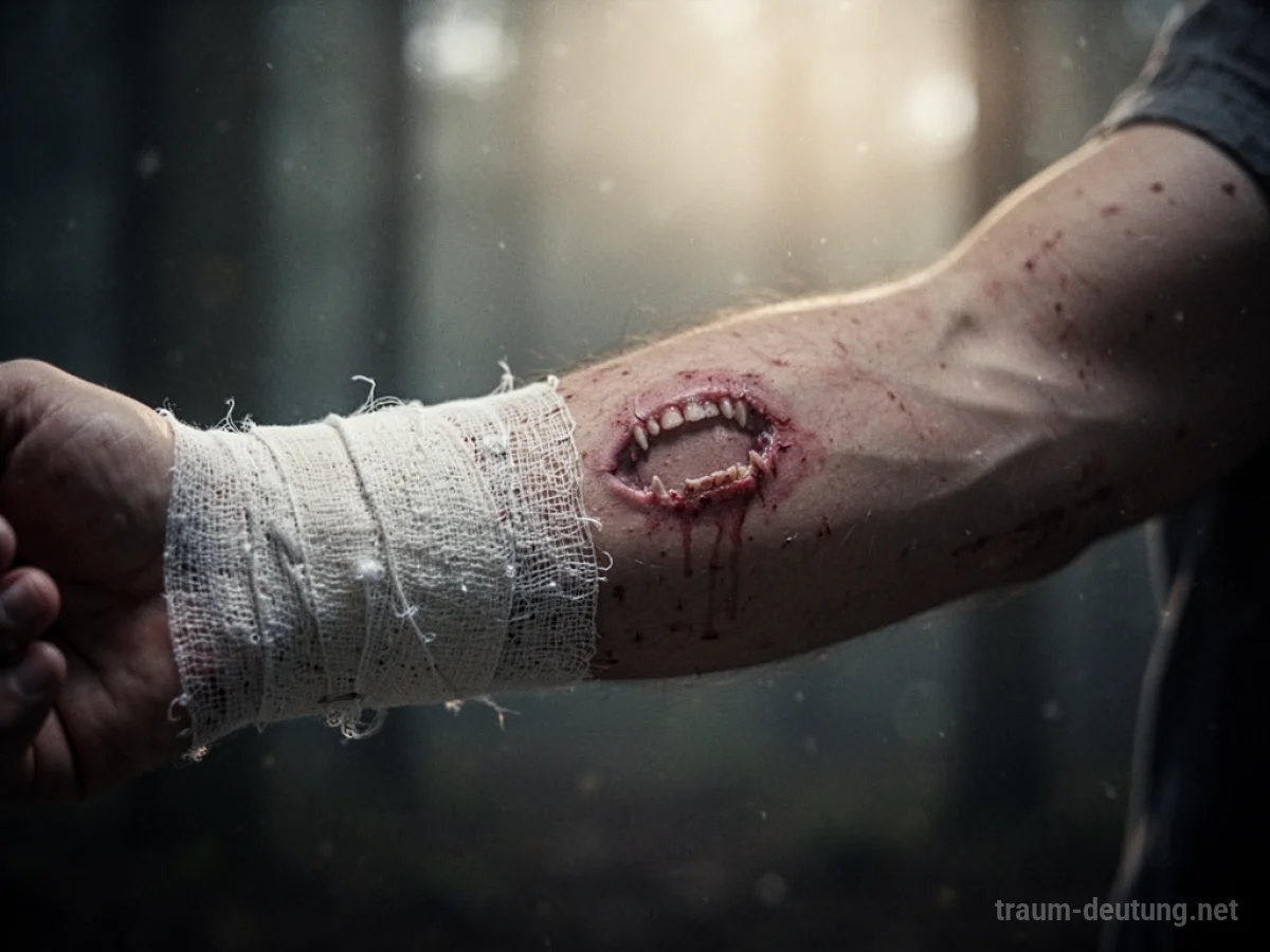 Symbolische Darstellung eines leicht verbundenen Arms mit einer angedeuteten Bisswunde im Traum
