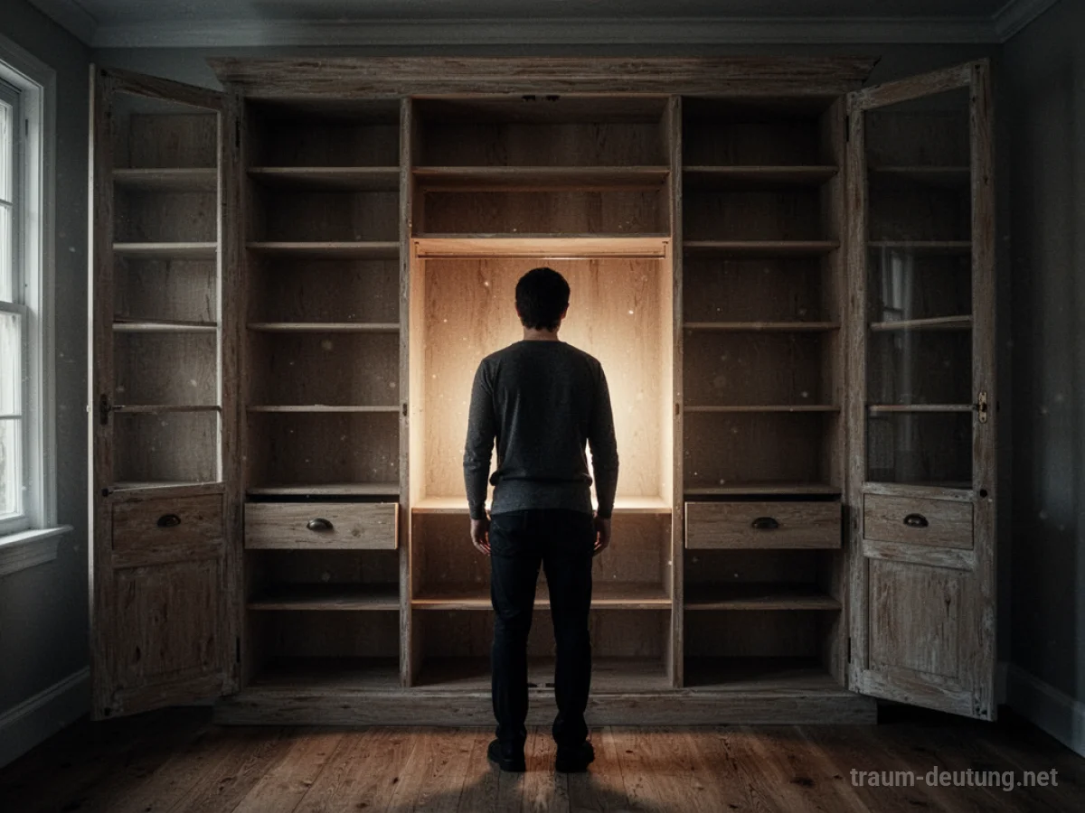 Silhouette einer Person vor einem leeren Küchenschrank mit spärlichem Licht.