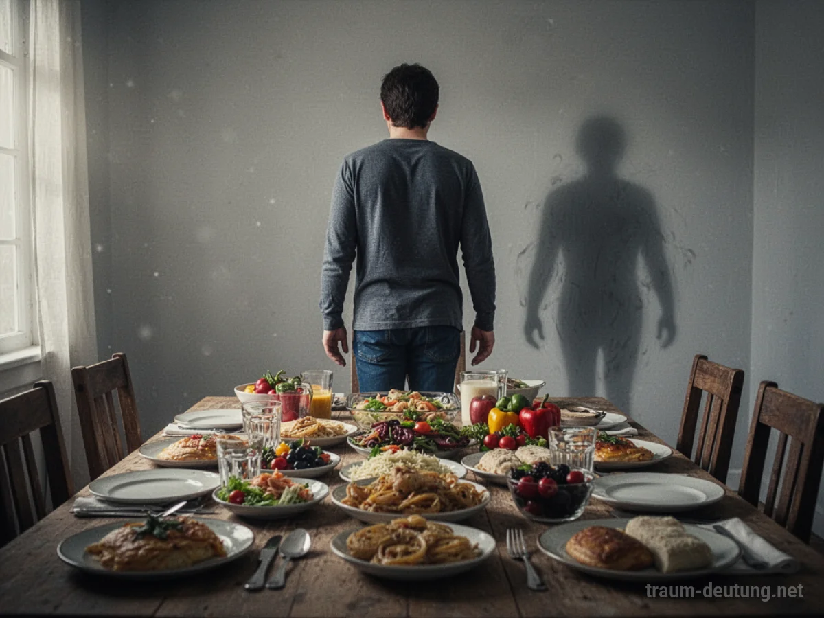 Person wendet sich von einem reich gedeckten Tisch ab, Hunger wird symbolisch dargestellt.