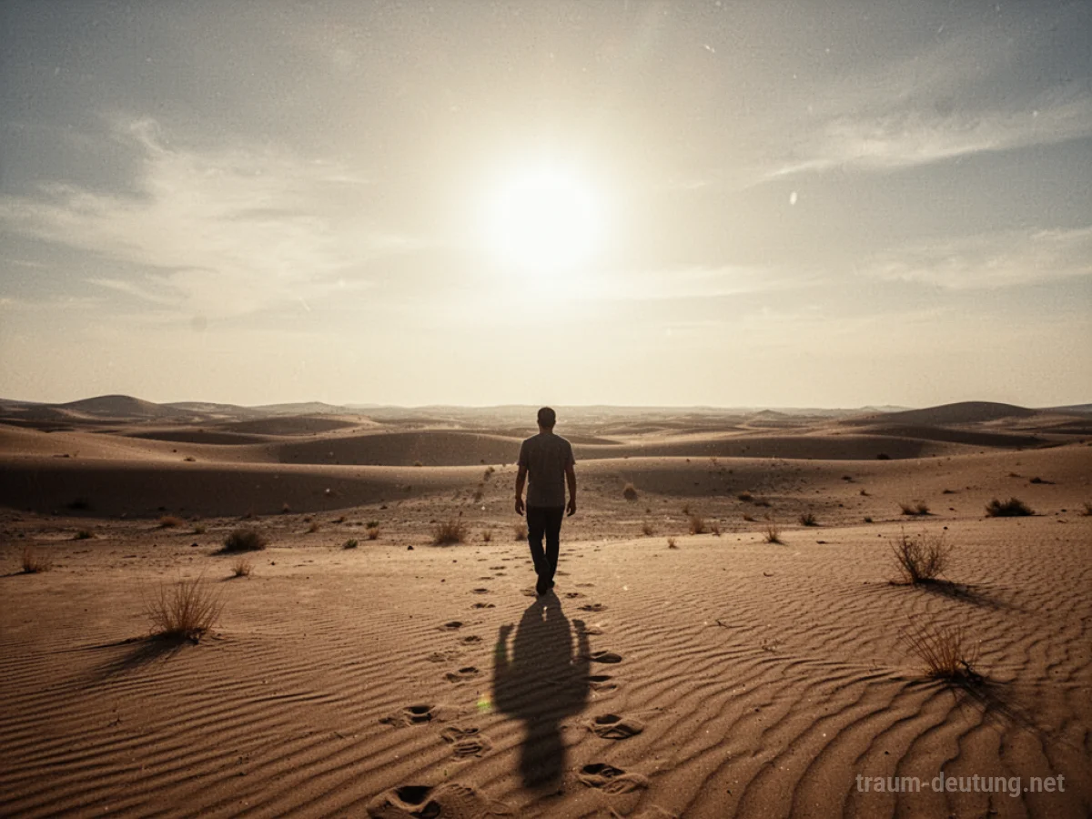 Einzelne Person geht durch eine weite Wüstenlandschaft unter brennender Sonne.