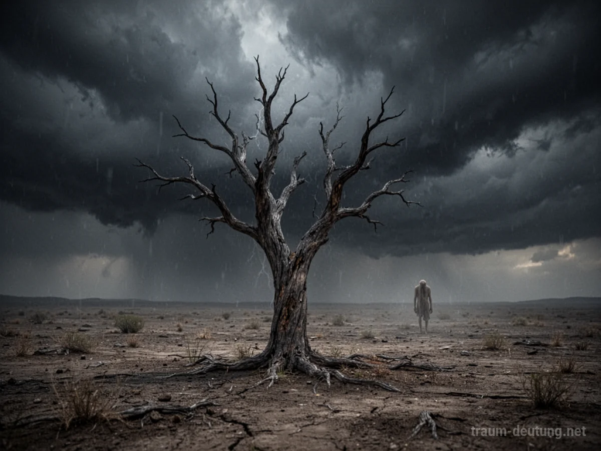 Verwüstete Landschaft mit einem einzelnen, verdorrten Baum unter einem dunklen Himmel