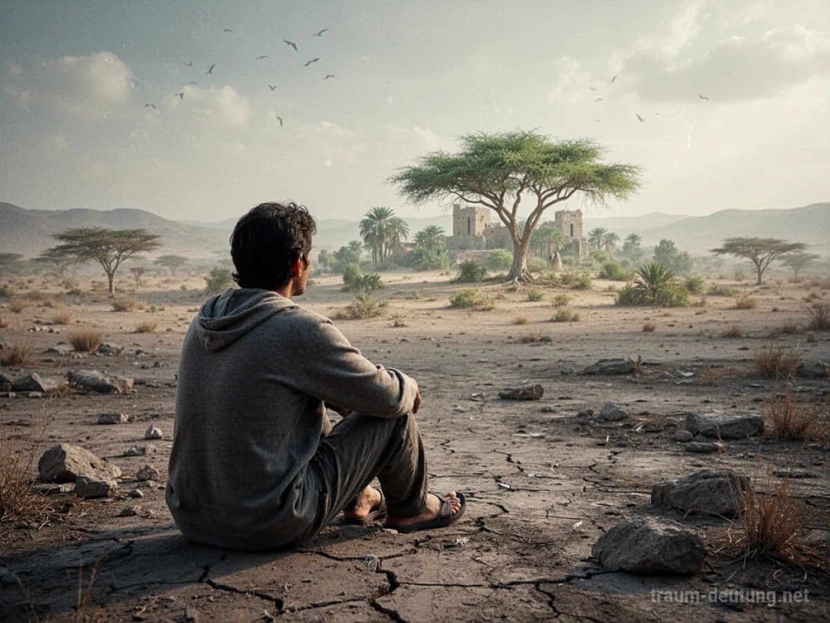 Eine Person sitzt in einer kargen Landschaft und blickt auf eine ferne Oase.