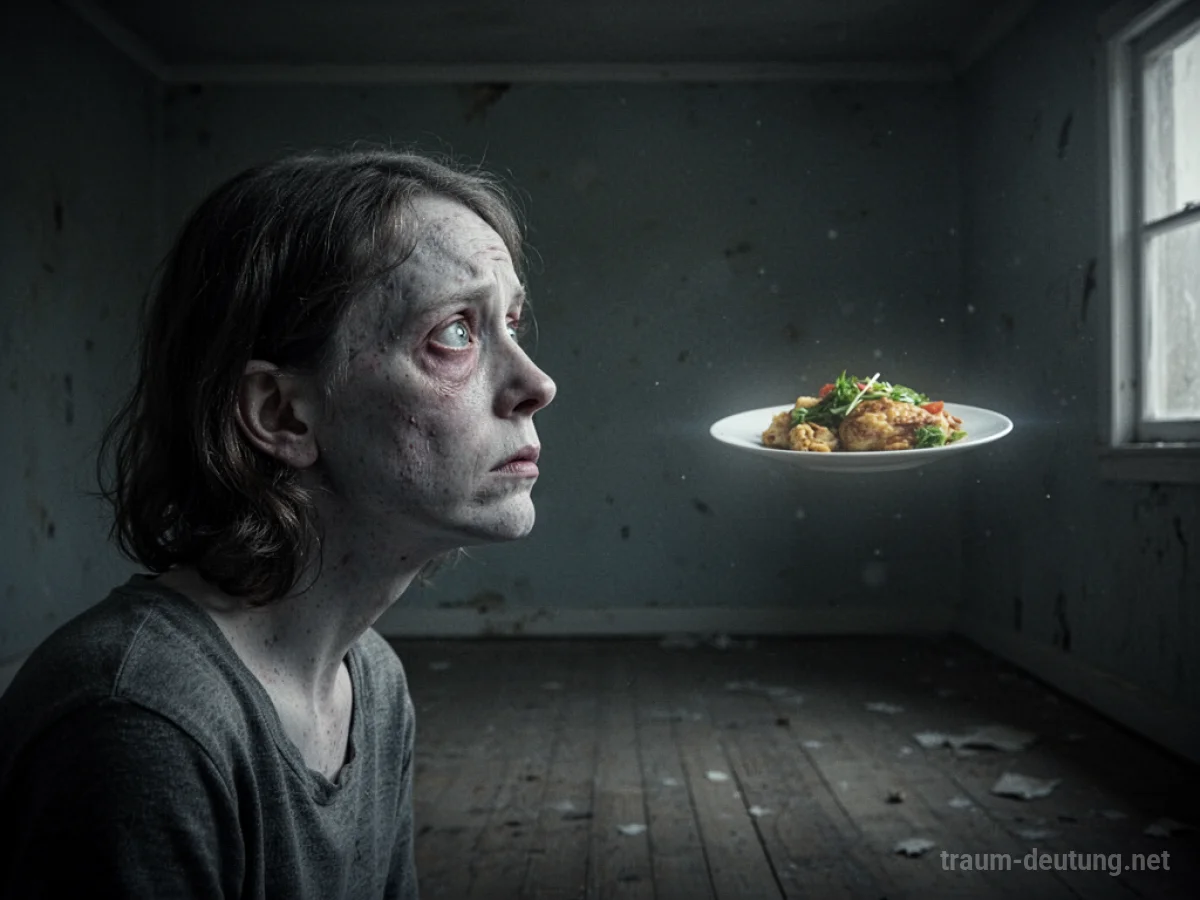 Eine Person blickt sehnsüchtig auf ein entferntes Teller mit Essen in einem dunklen Raum.