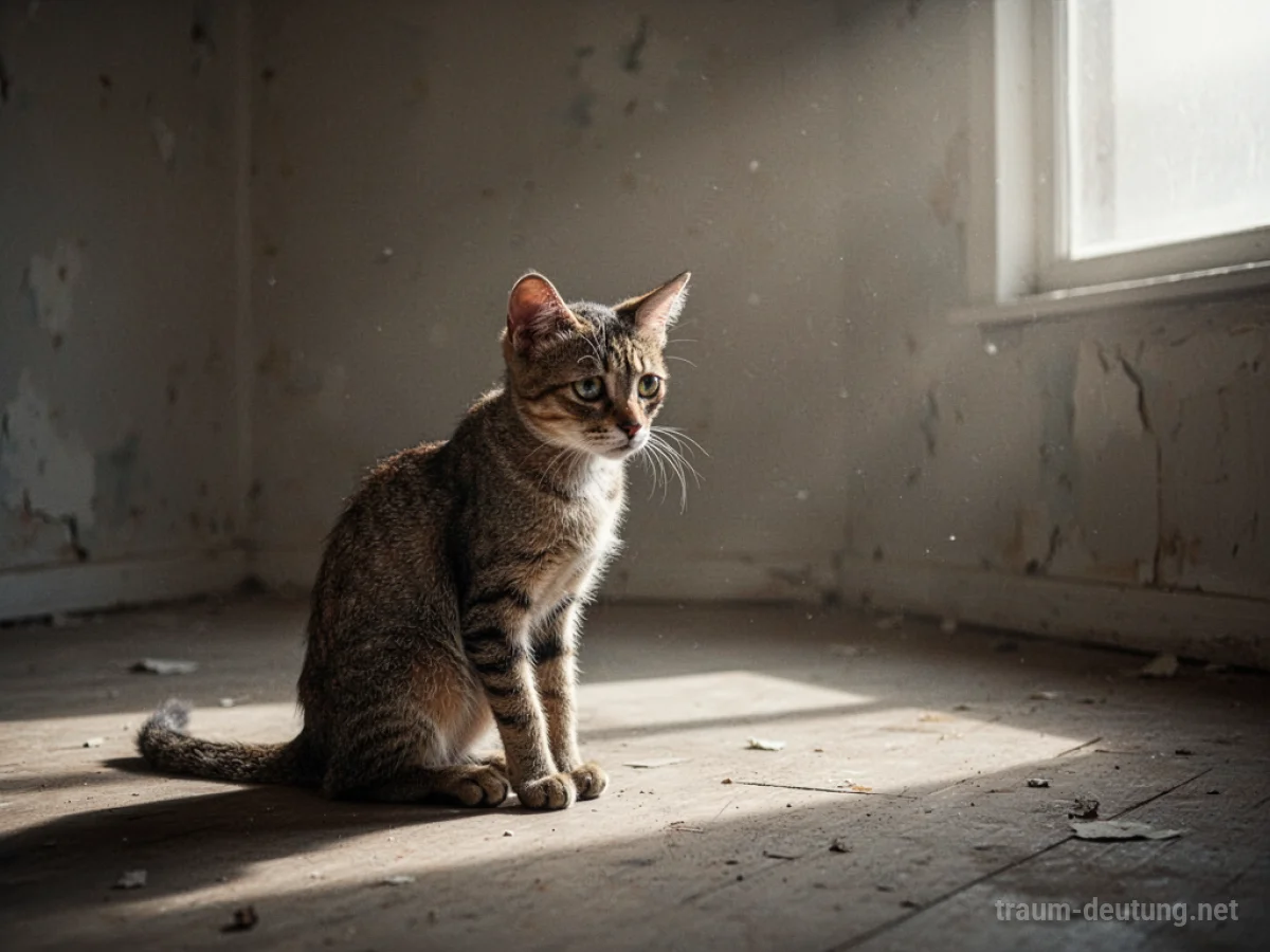 Hungrige Katze sitzt allein in einem leeren Raum und blickt in die Ferne.