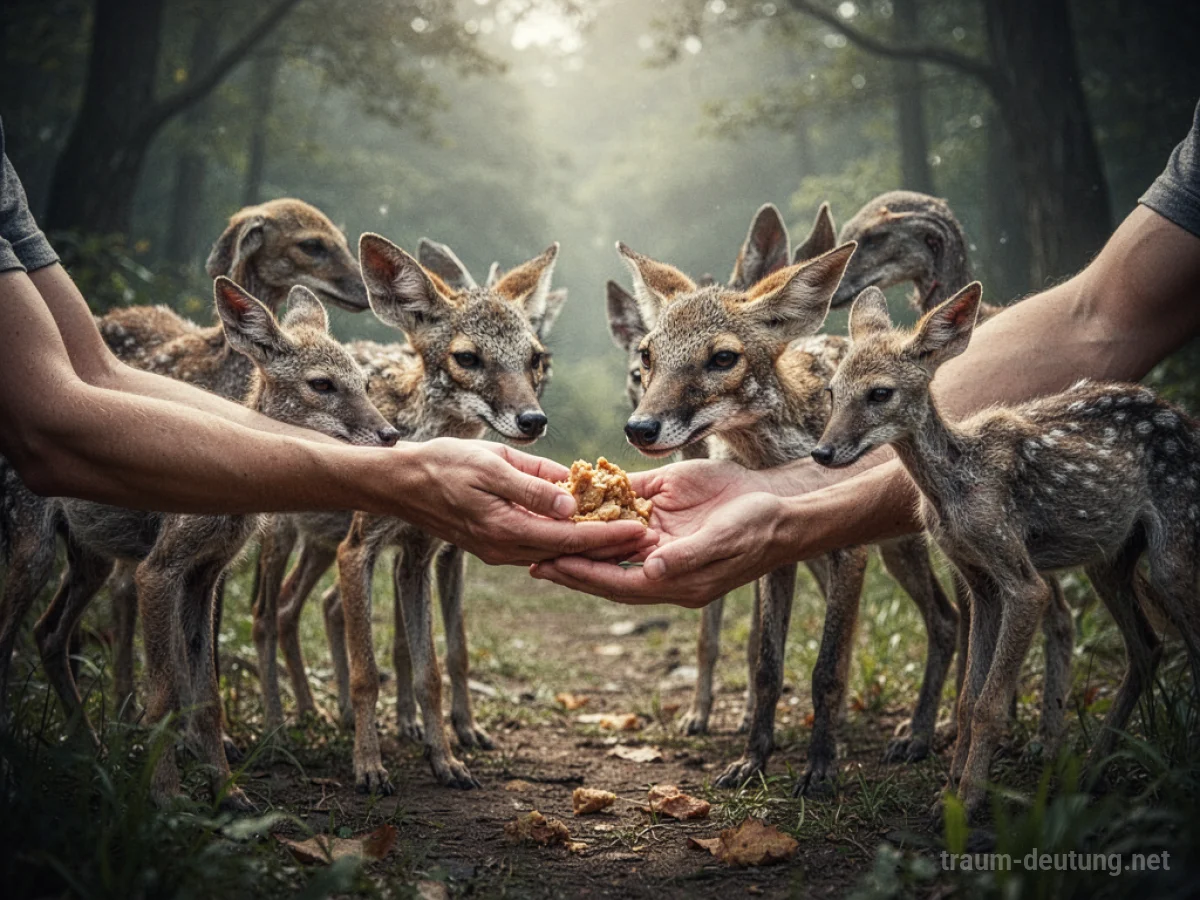 Hände reichen Futter an verschiedene hungrige Tiere in einer Waldlichtung.