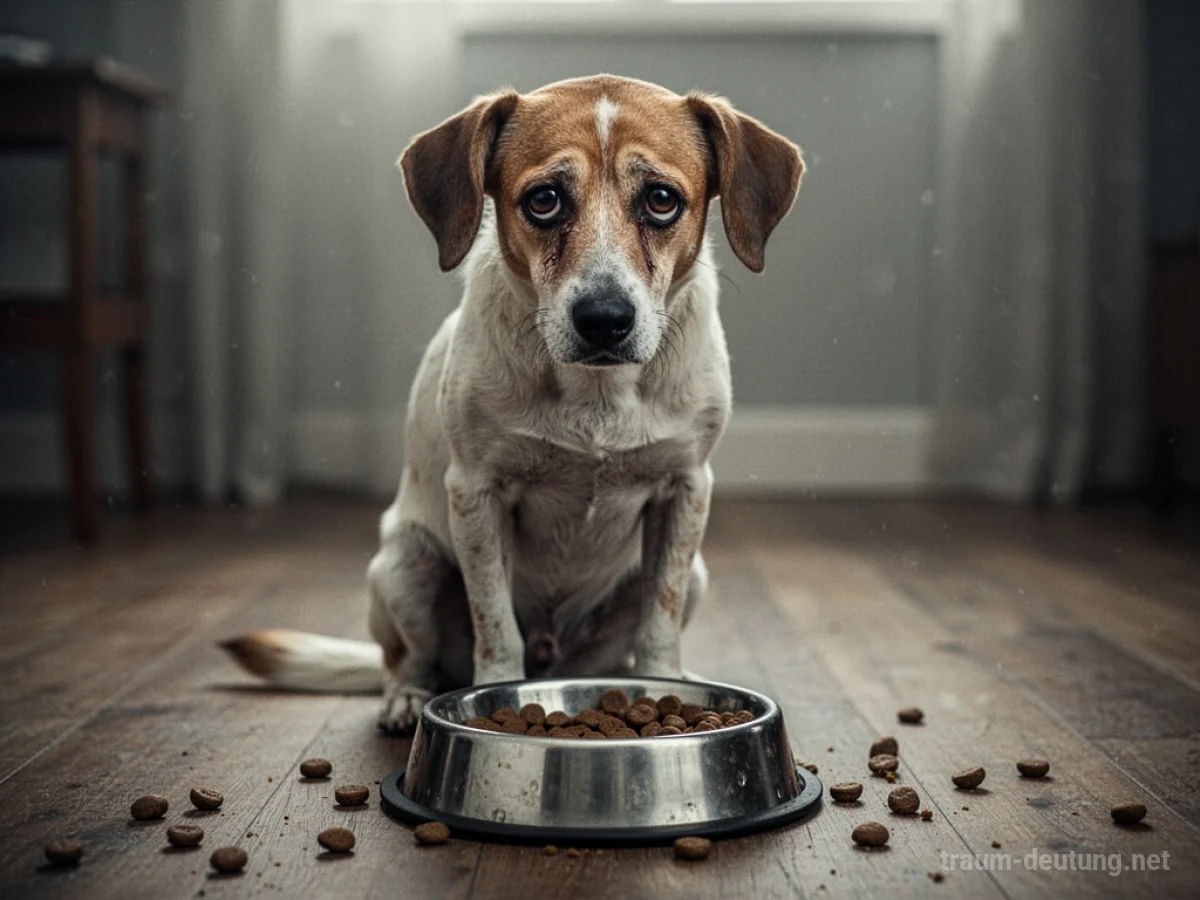 Ein dünner, trauriger Hund sitzt neben einem leeren Napf und blickt flehend.