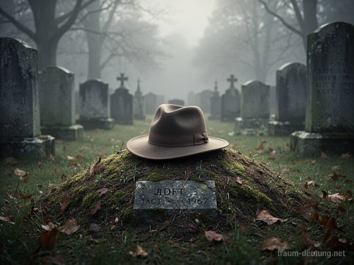 Ein einzelner Hut liegt auf einem Grab auf einem Friedhof.