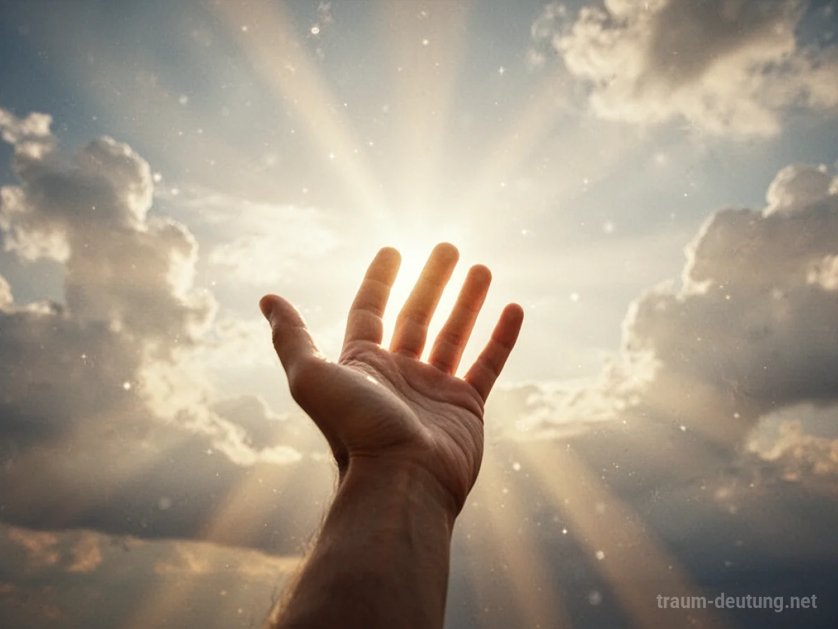 Hand berührt den Himmel mit Lichtstrahlen