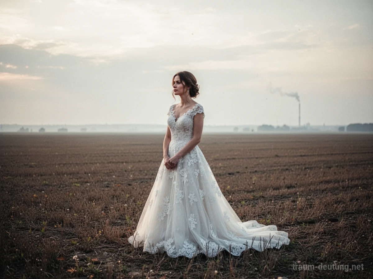 Frau im Brautkleid steht allein auf einem Feld