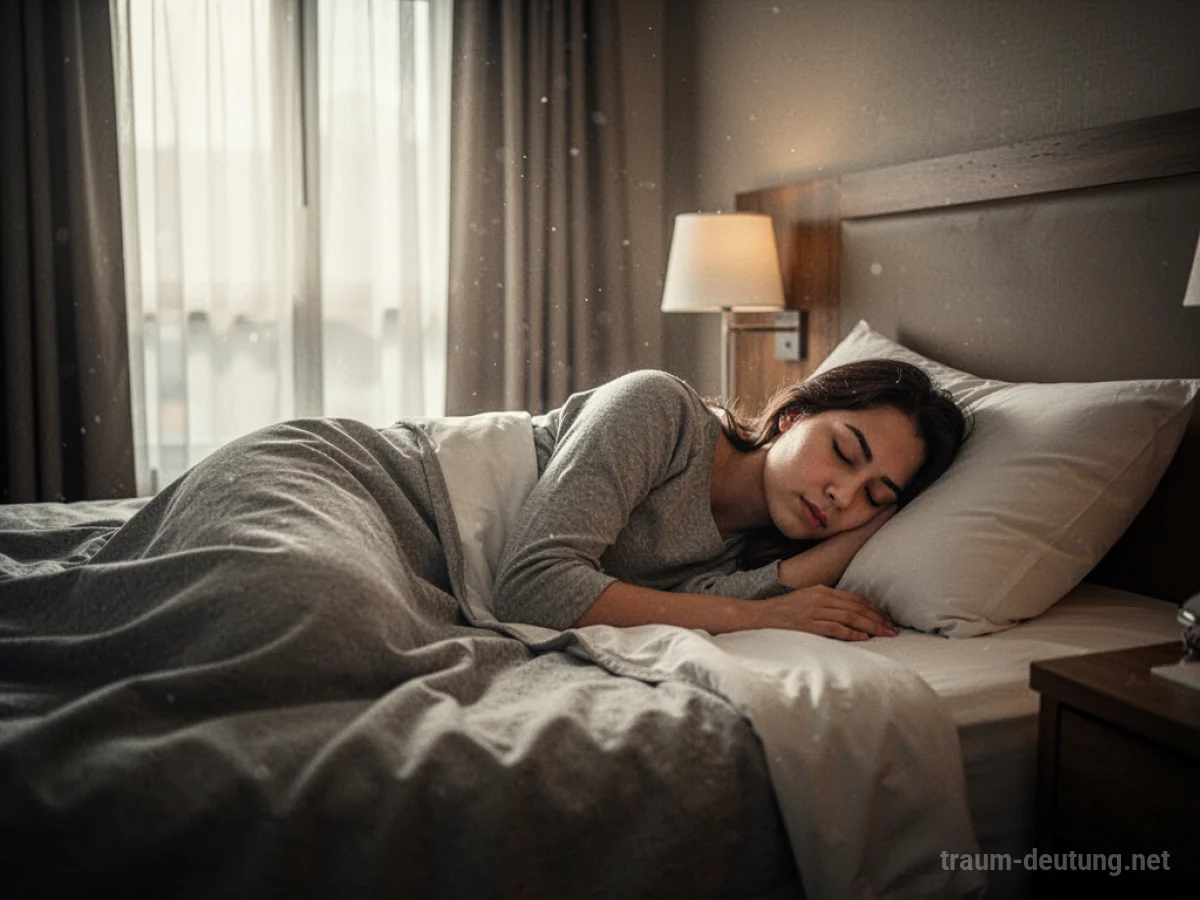 Person schläft friedlich im Bett in einem Hotelzimmer.
