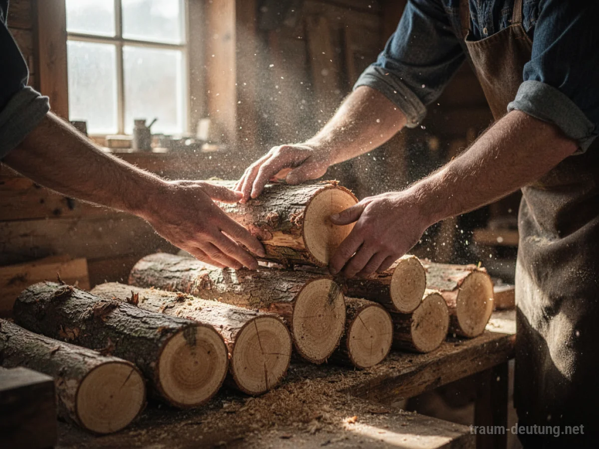 Hände stapeln Holzscheite in einem hellen Raum