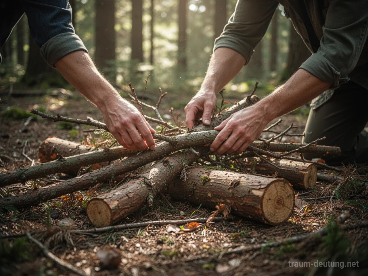 Hände sammeln Holzscheite auf Waldboden im Sonnenlicht.
