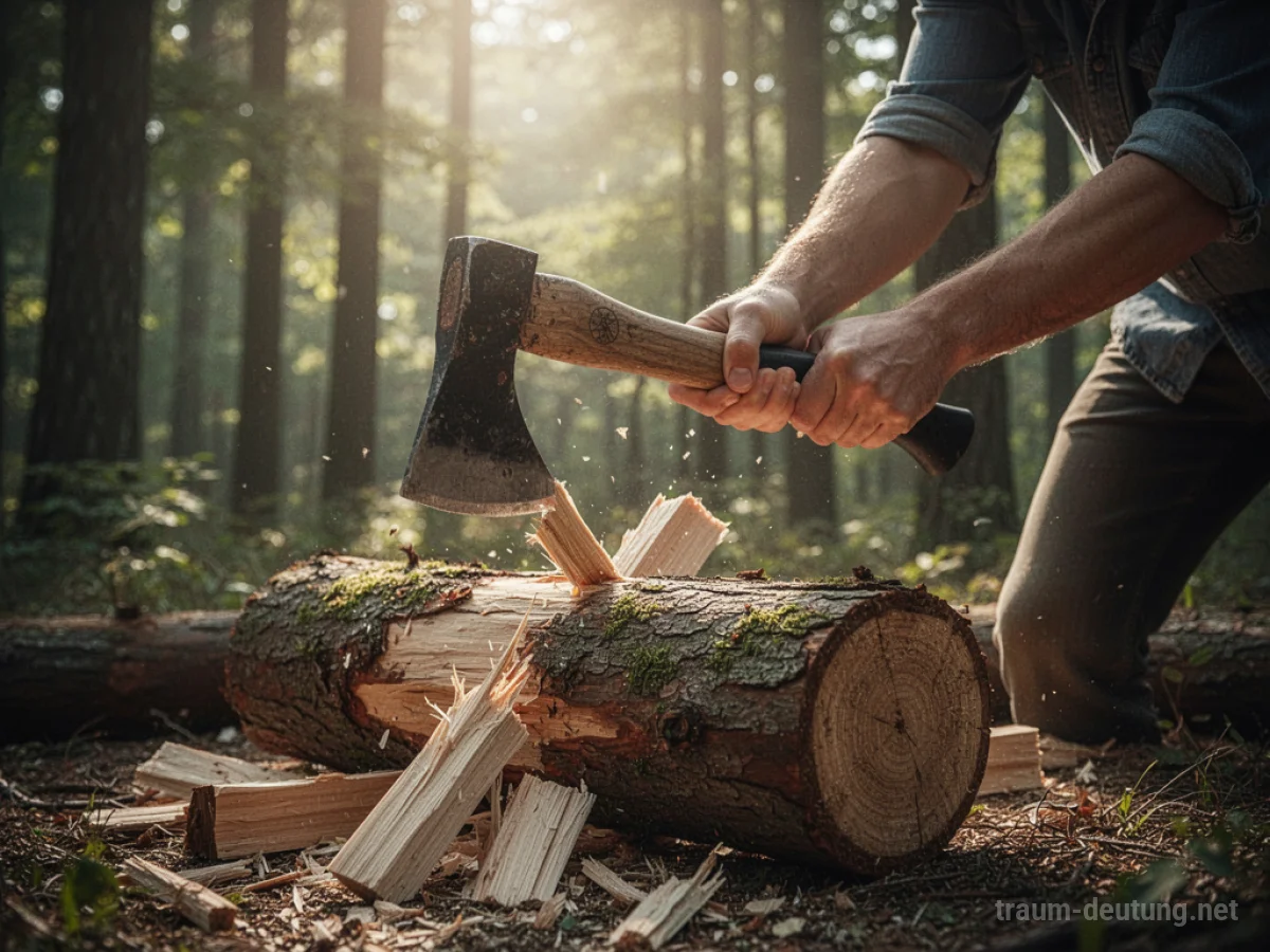 Hände greifen Axt zum Holzspalten im Wald