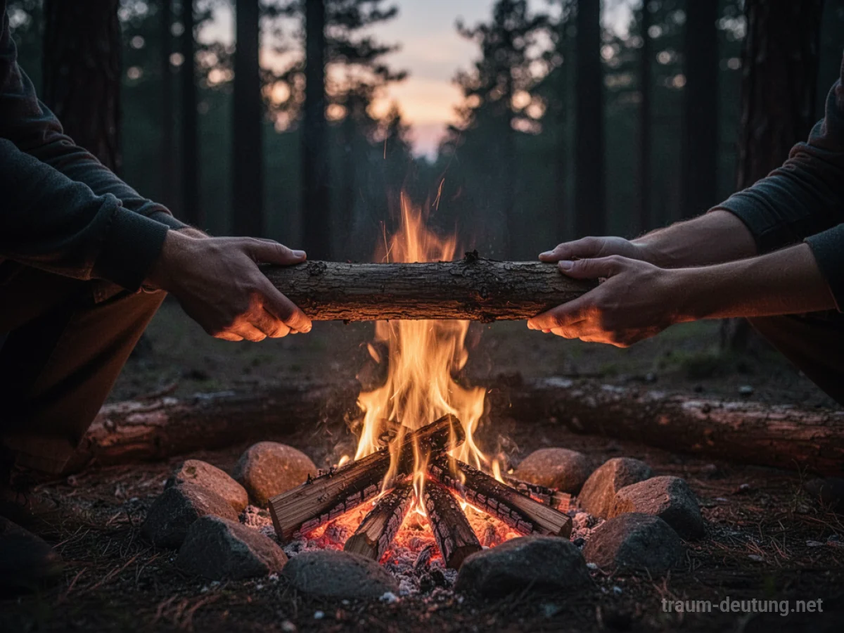Hände halten Holz über einem Lagerfeuer im Dunkeln