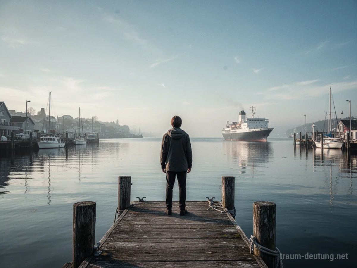 Eine Person steht an einem ruhigen Hafen und blickt auf ein wartendes Schiff.
