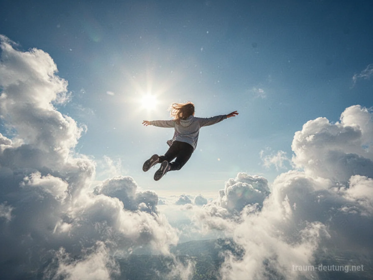 Eine Person fliegt frei und leicht durch den blauen Himmel mit Wolken.