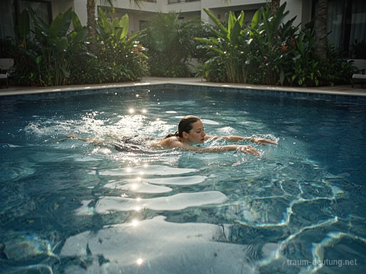 Eine Person schwimmt in einem blauen Hotelpool.
