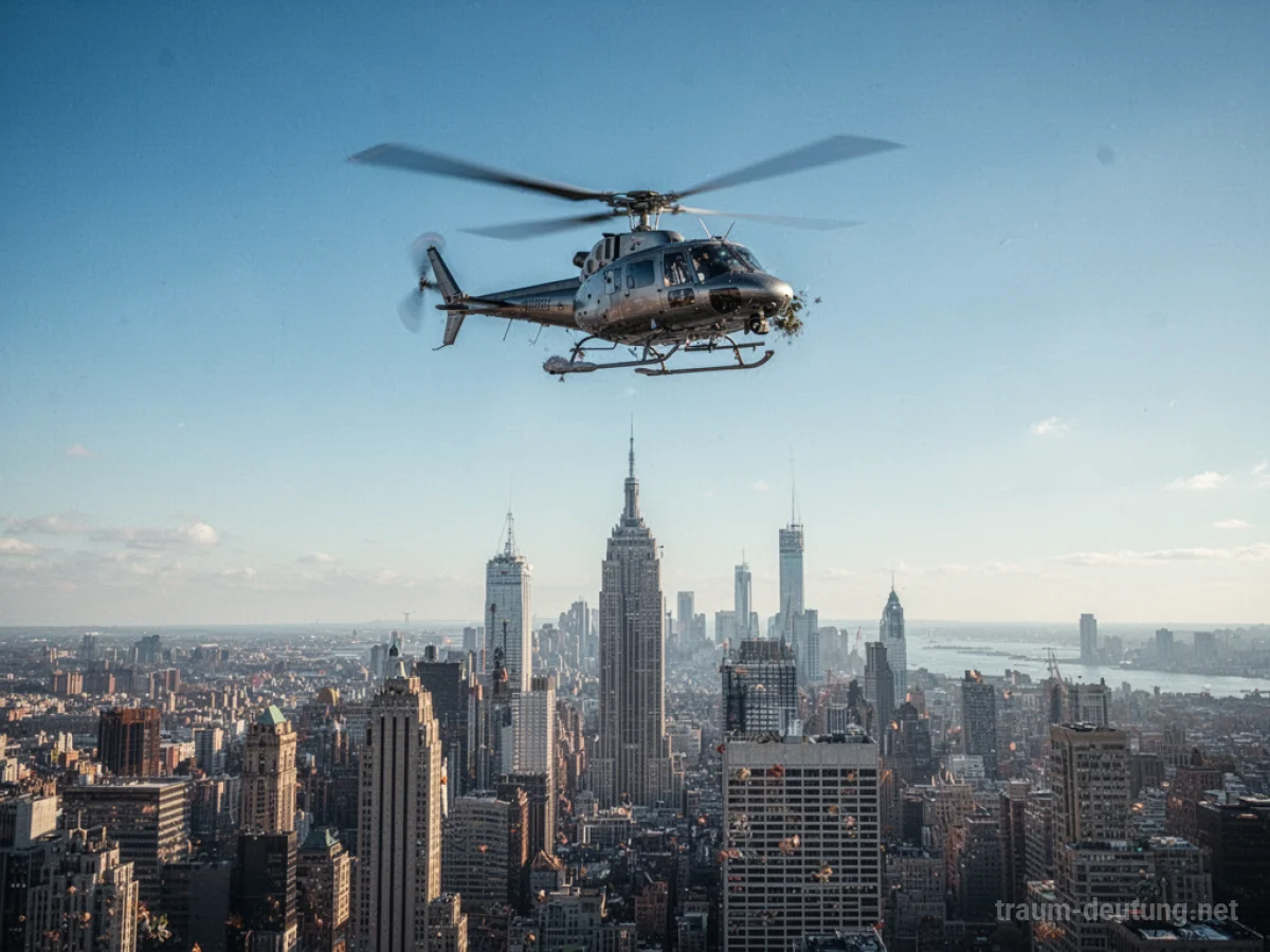 Ein Hubschrauber fliegt hoch über einer Stadtlandschaft.