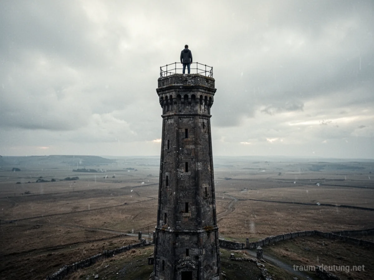 Eine Person steht auf einem hohen Turm und blickt auf eine leere Landschaft unter bewölktem Himmel.