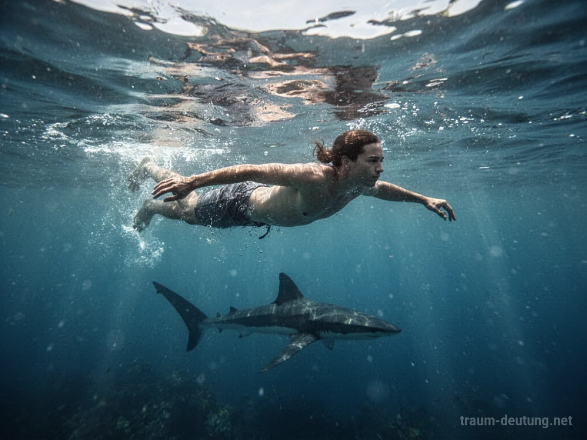 Eine Person schwimmt im klaren Wasser, ein Hai ist in der Tiefe erkennbar.