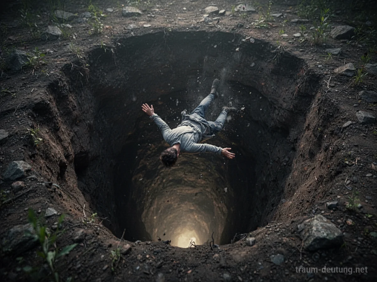 Person fällt in eine dunkle, tiefe Höhle.