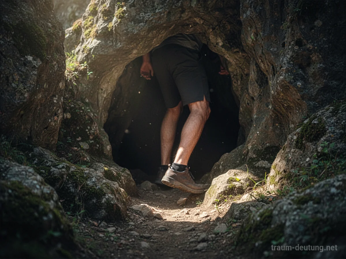 Eine Person klettert in den dunklen Eingang einer Höhle.