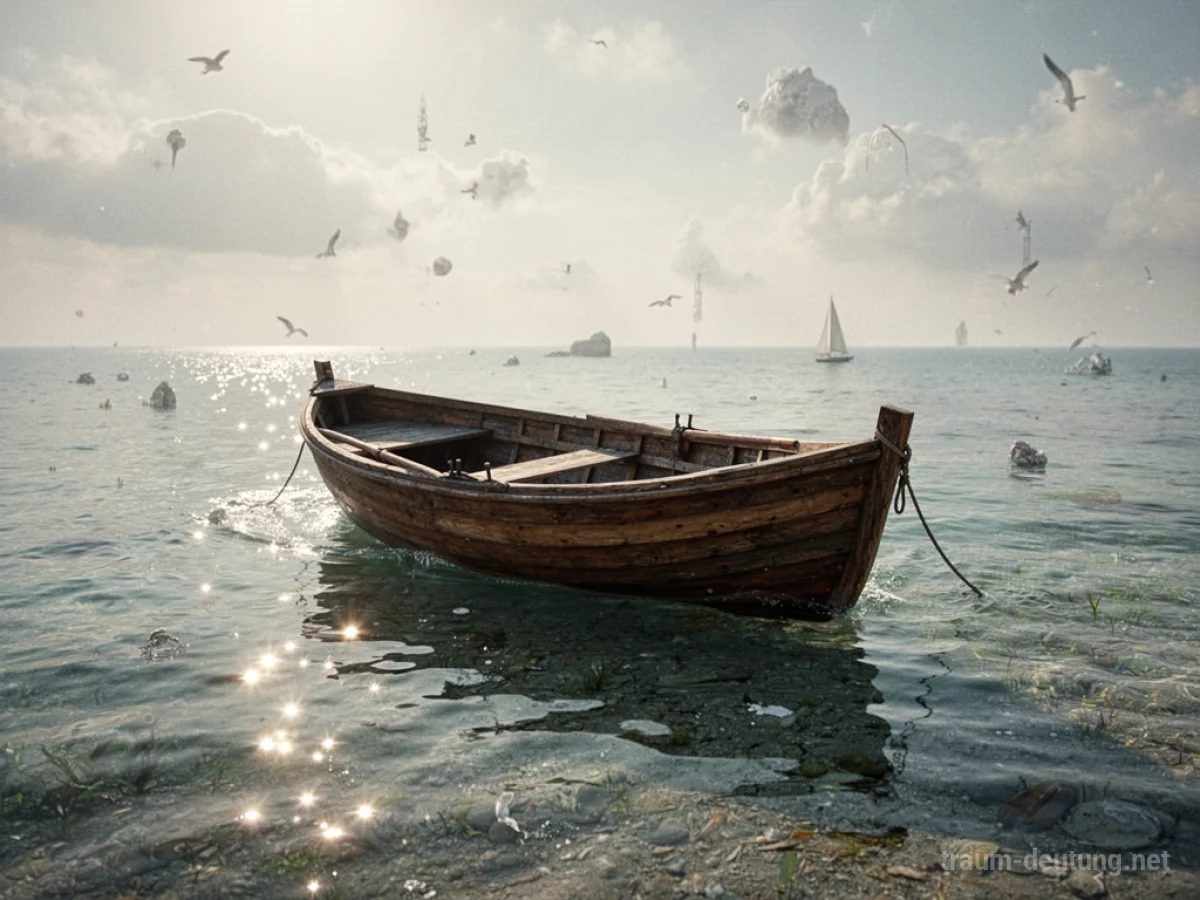 Ein hölzernes Ruderboot treibt auf ruhigem Wasser.