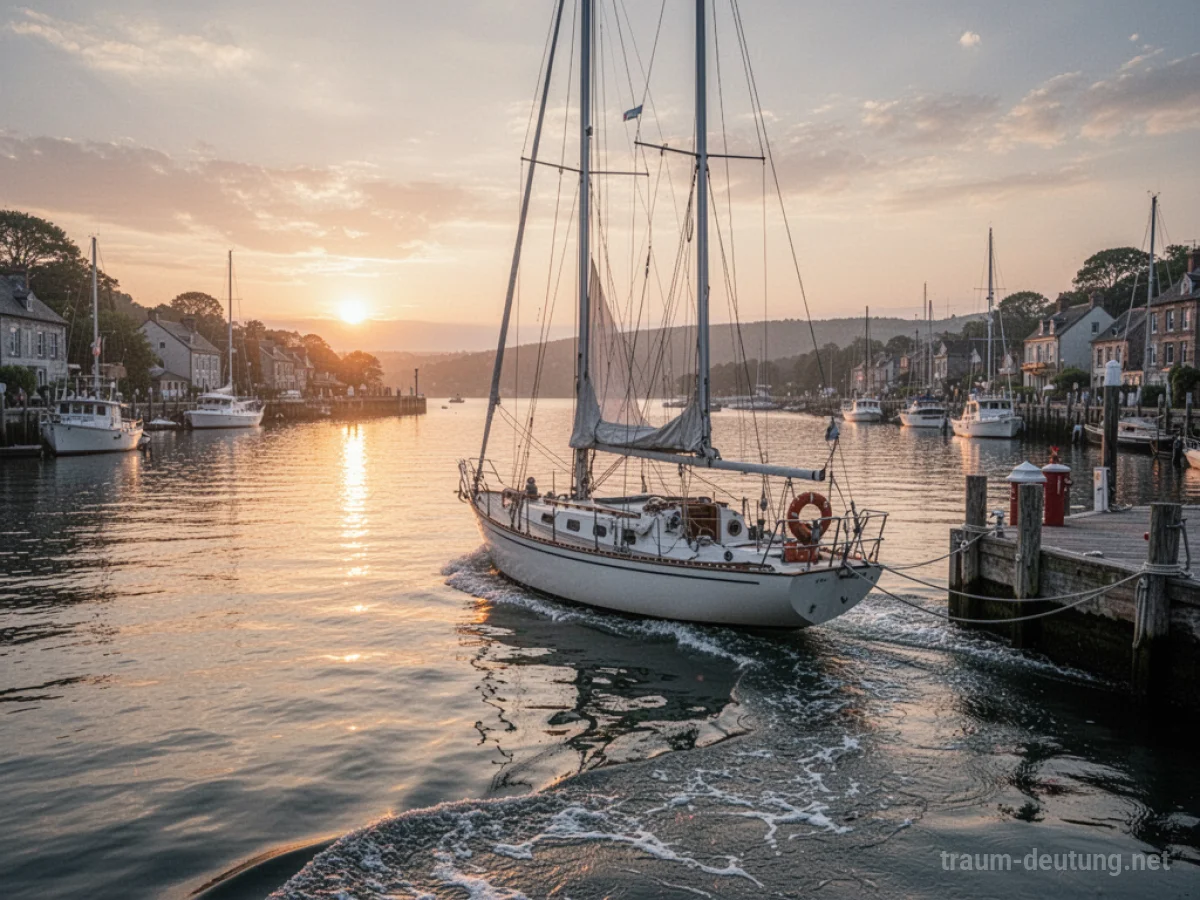 Segelboot fährt langsam in einen ruhigen Hafen bei Sonnenuntergang ein