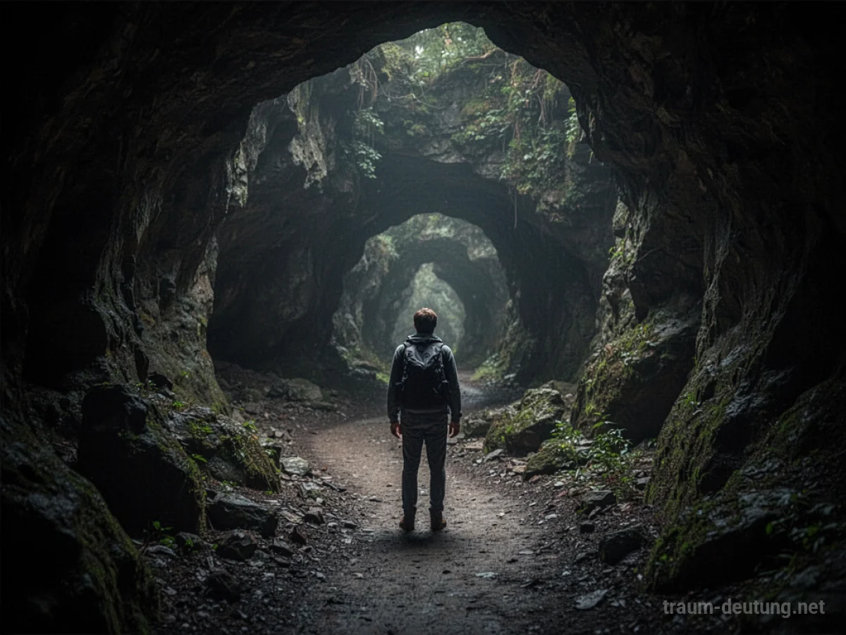 Eine Person verläuft sich in einer dunklen, gewundenen Höhle auf der Suche nach einem Ausgang.
