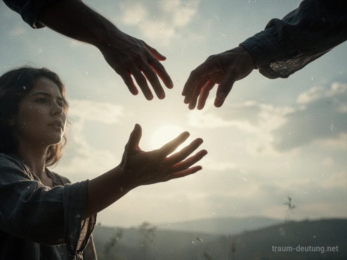 Hand greift nach helfender Hand am Himmel