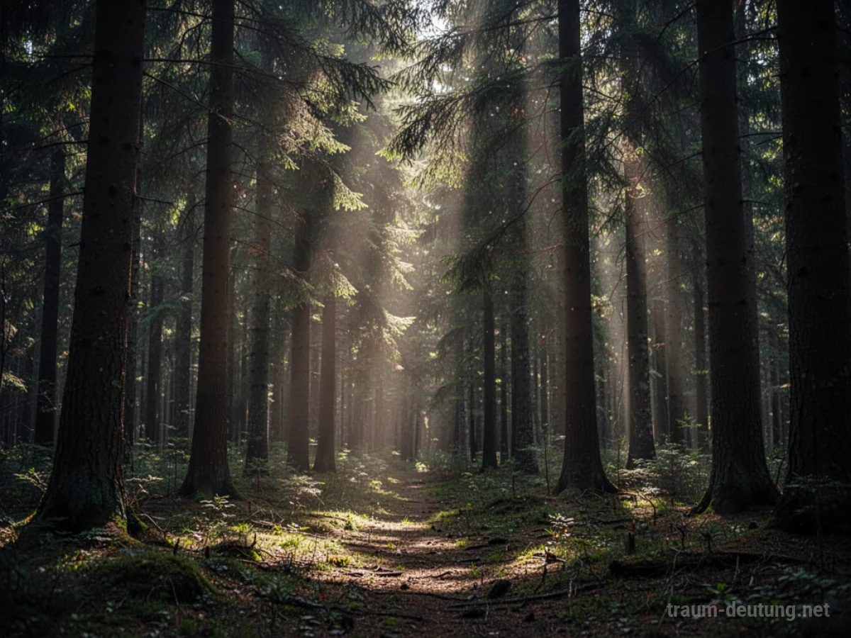 Sonnenstrahlen brechen durch dichten Wald, sichtbarer Duft von Holz und Erde