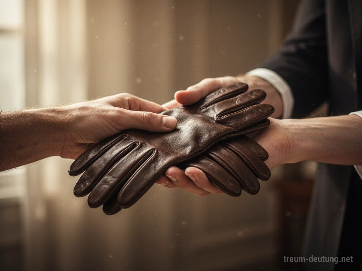 Eine Hand reicht einer anderen Hand ein Paar Handschuhe.