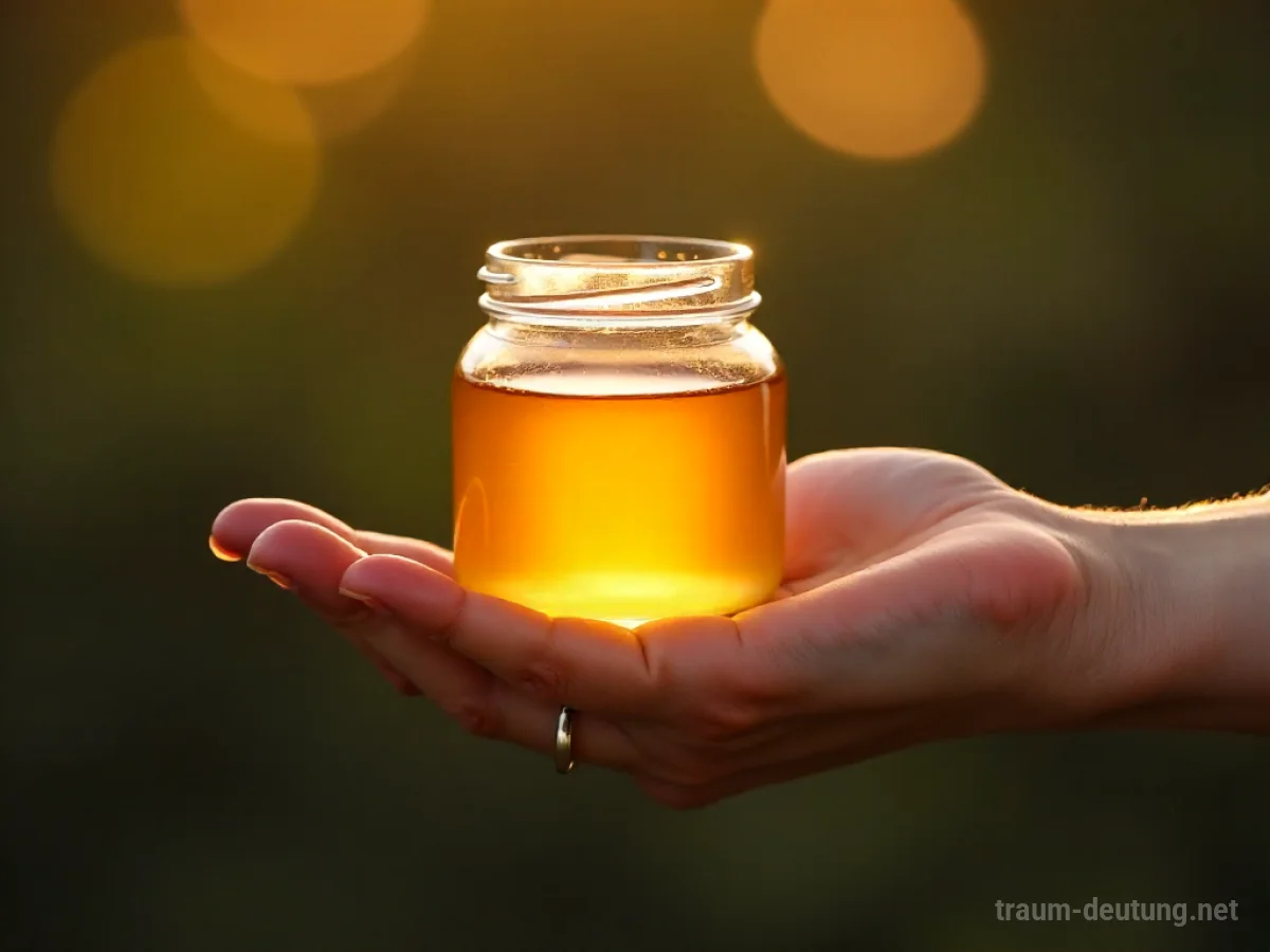 Hand reicht Glas mit goldenem Honig an andere Hand.