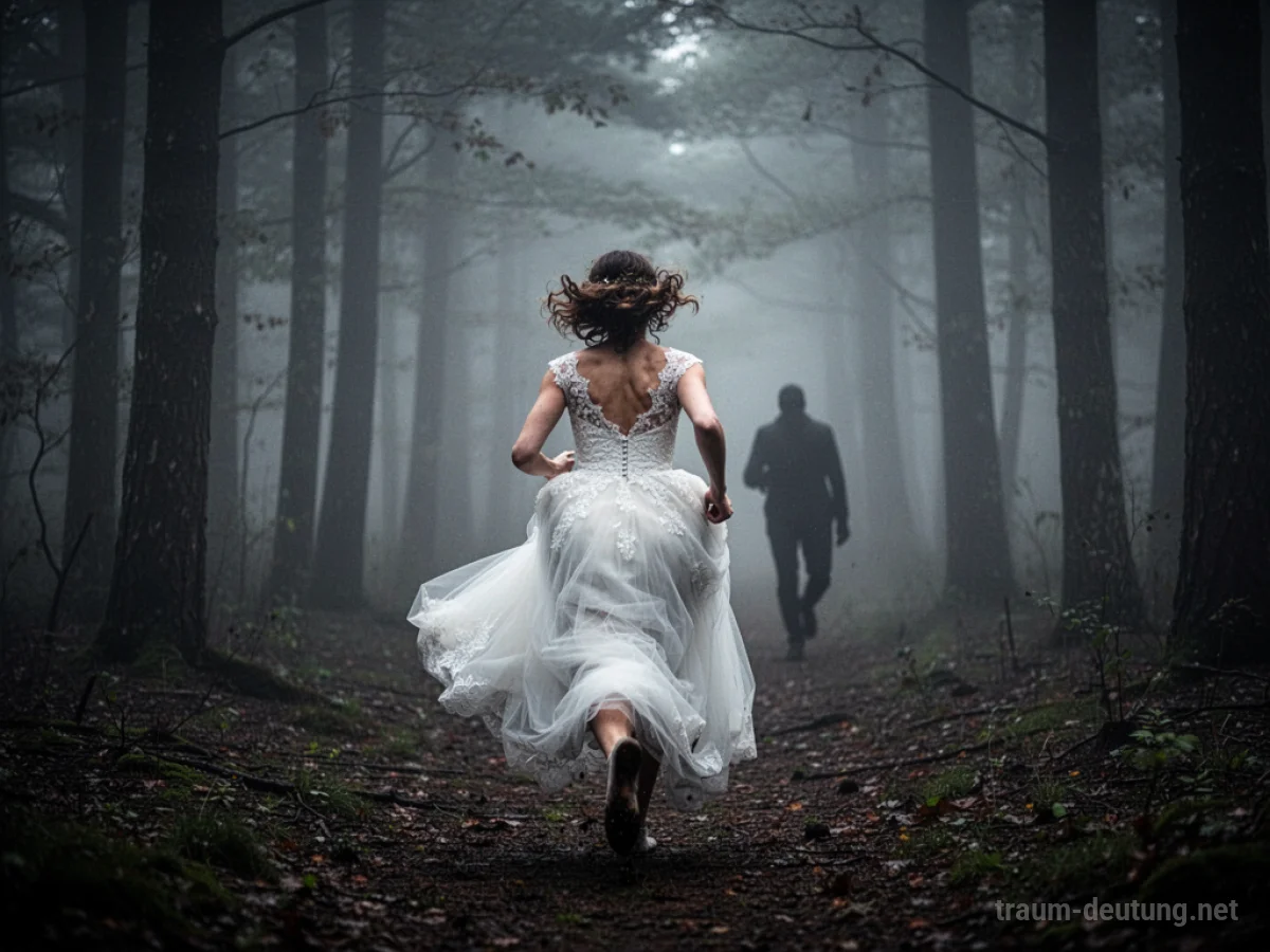 Eine Person in einem Hochzeitskleid flieht vor einer dunklen Gestalt durch einen Wald.