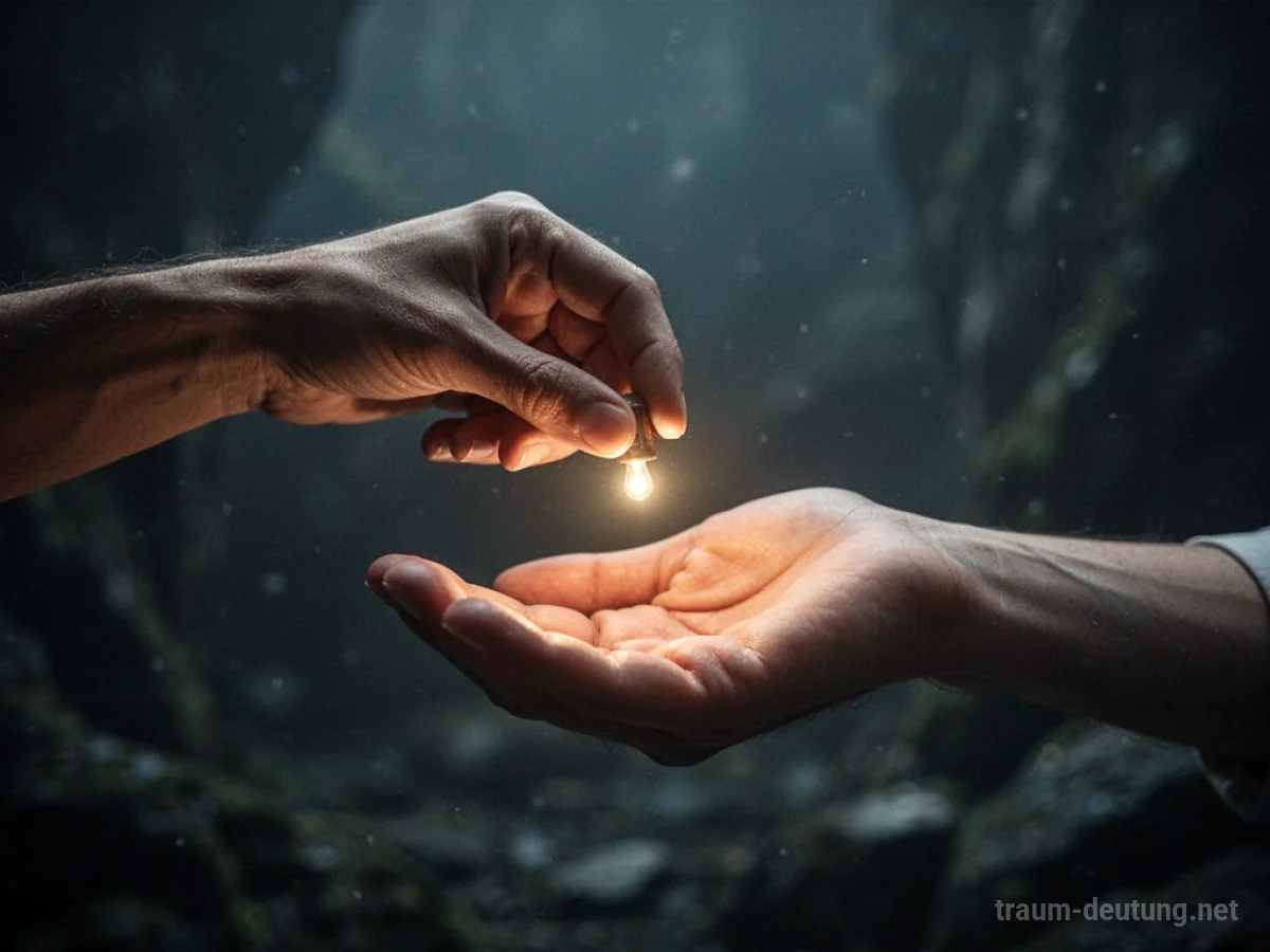 Hand reicht leuchtendes Licht an eine andere Hand