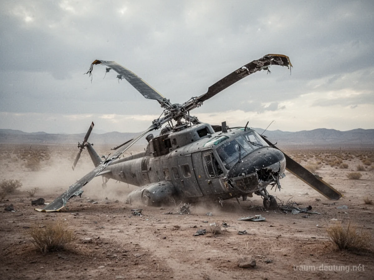 Ein kaputter Hubschrauber liegt auf der Seite in einer staubigen Landschaft.
