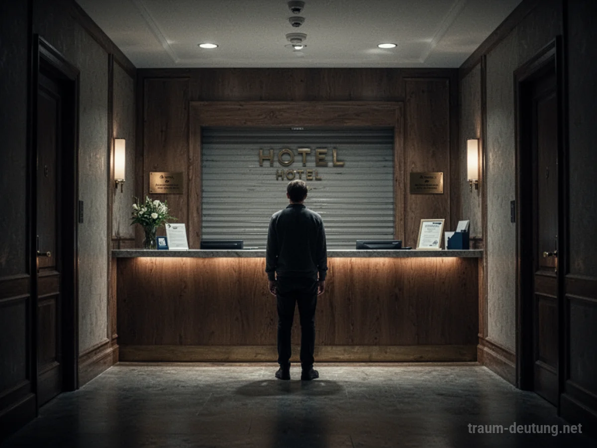 Person steht vor geschlossener Hotelrezeption im dunklen Flur.