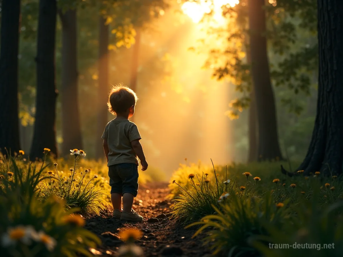 Kind steht in einem hellen Waldlichtung und blickt zu einem fernen Licht.