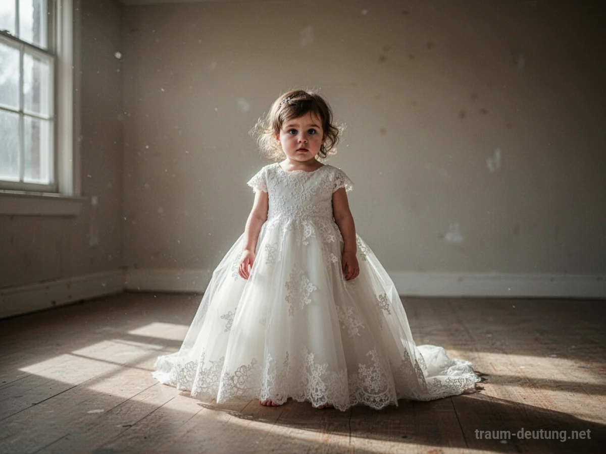 Kleines Kind in einem zu großen weißen Hochzeitskleid steht in einem hellen Raum