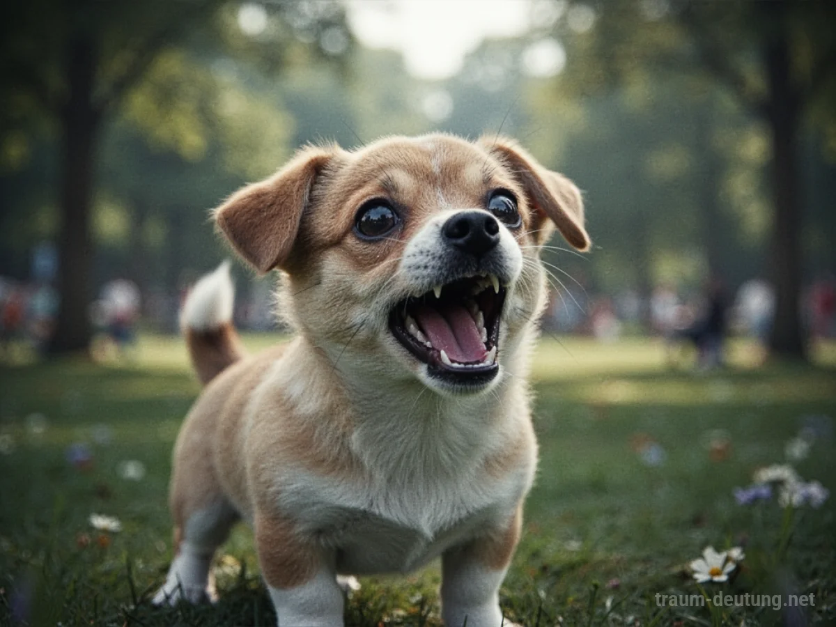 Ein kleiner Hund mit offenem Maul in einer angedeuteten Parklandschaft