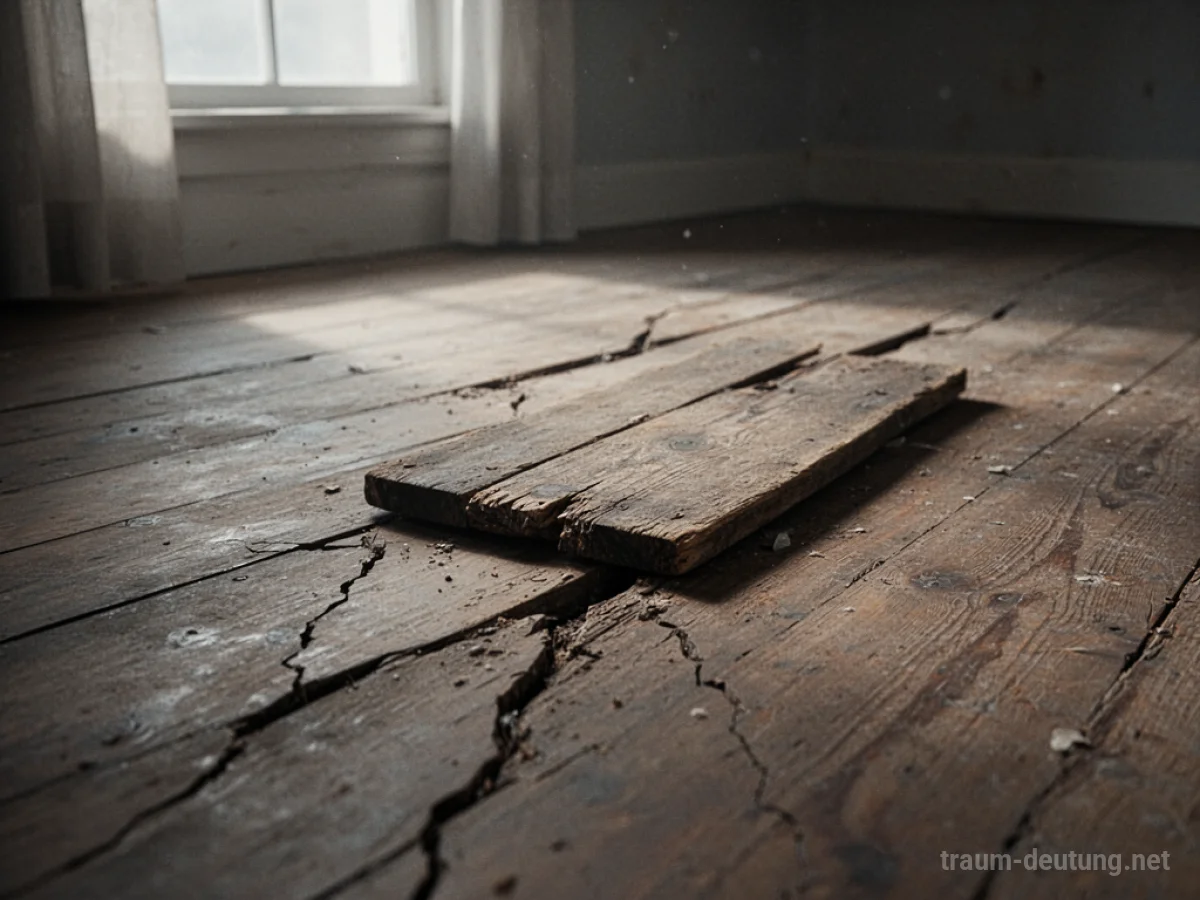 Knarrender Holzboden mit sichtbaren Rissen und einem leicht angehobenen Dielenbrett.