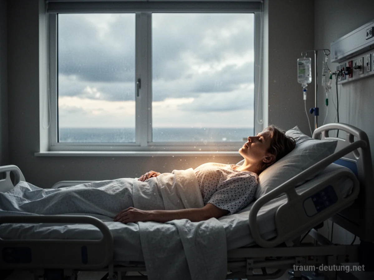 Person liegt im Krankenhausbett, Blick zum Fenster mit Himmel.