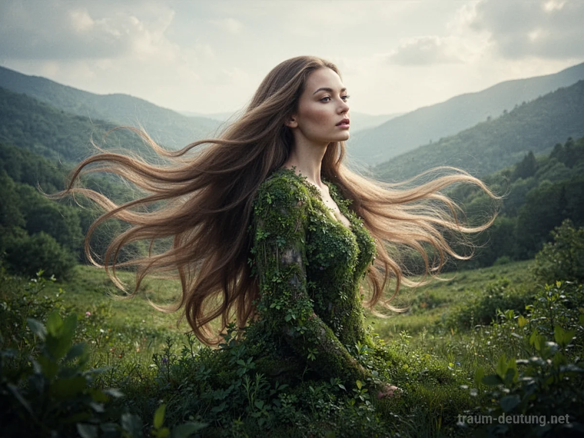 Frau mit langen, fließenden Haaren, die in eine grüne Landschaft übergehen.