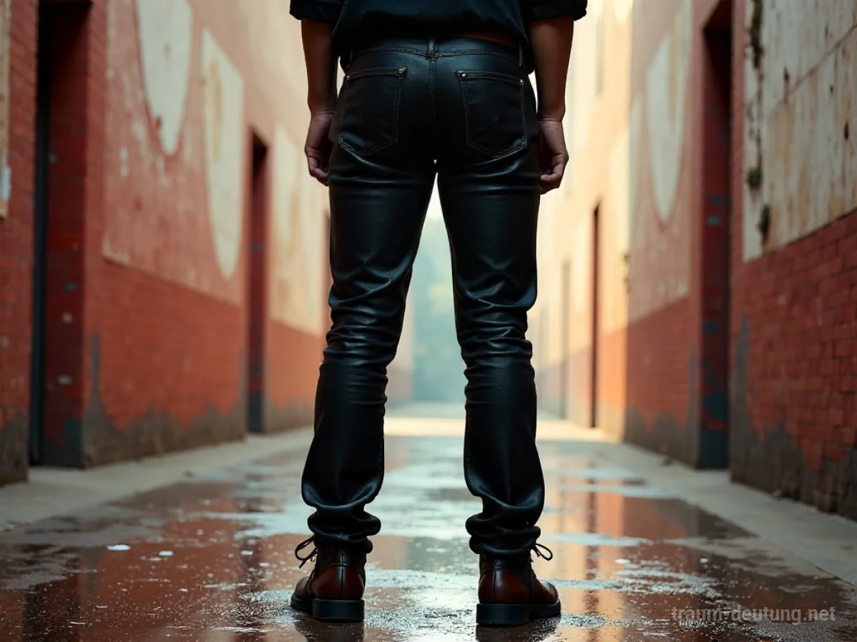 Person trägt eine Lederhose in einer abstrakten Umgebung, die Selbstausdruck symbolisiert.
