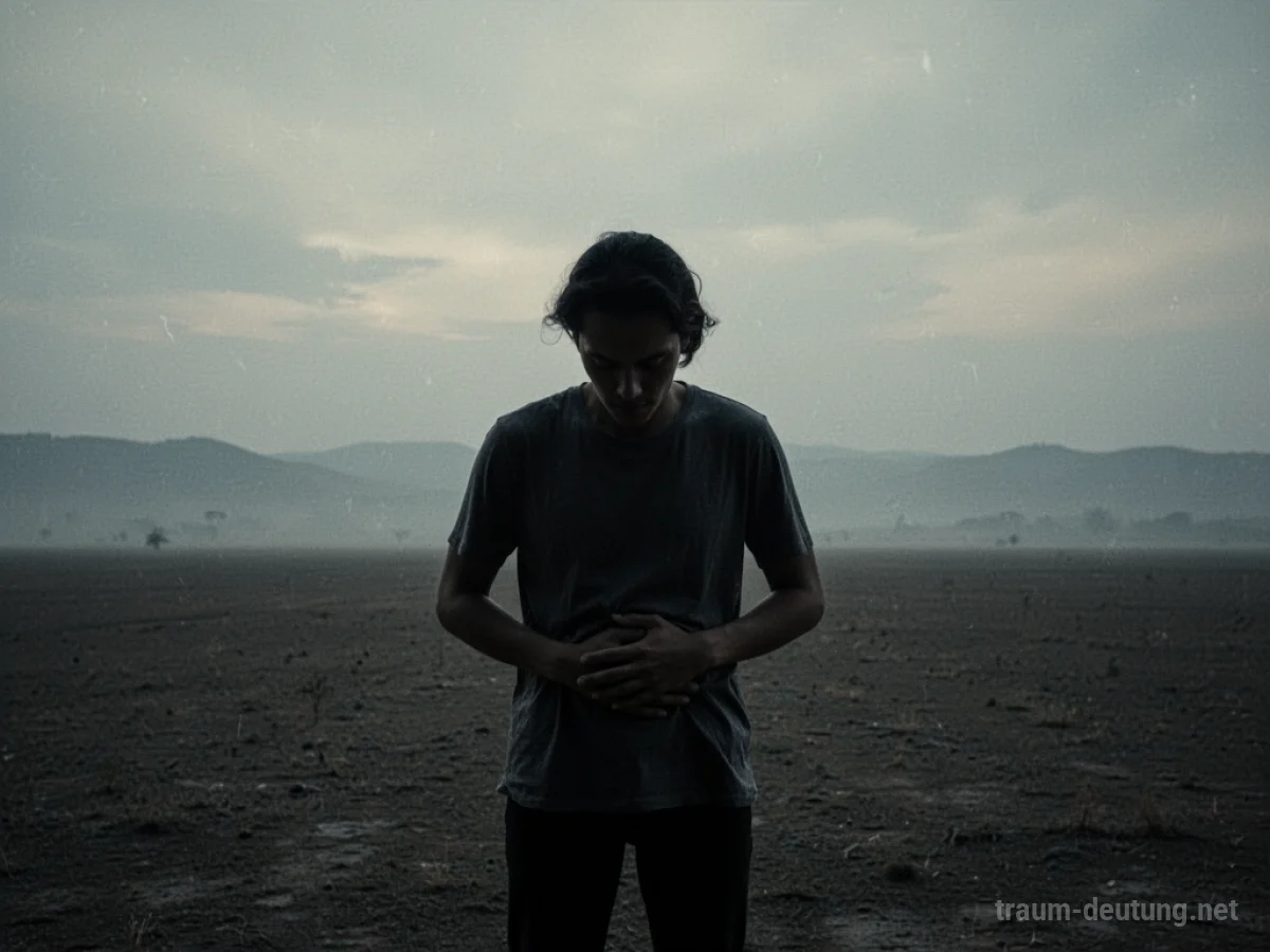 Silhouette eines Menschen mit leerem Magen, die vor einer weiten, leeren Landschaft steht.