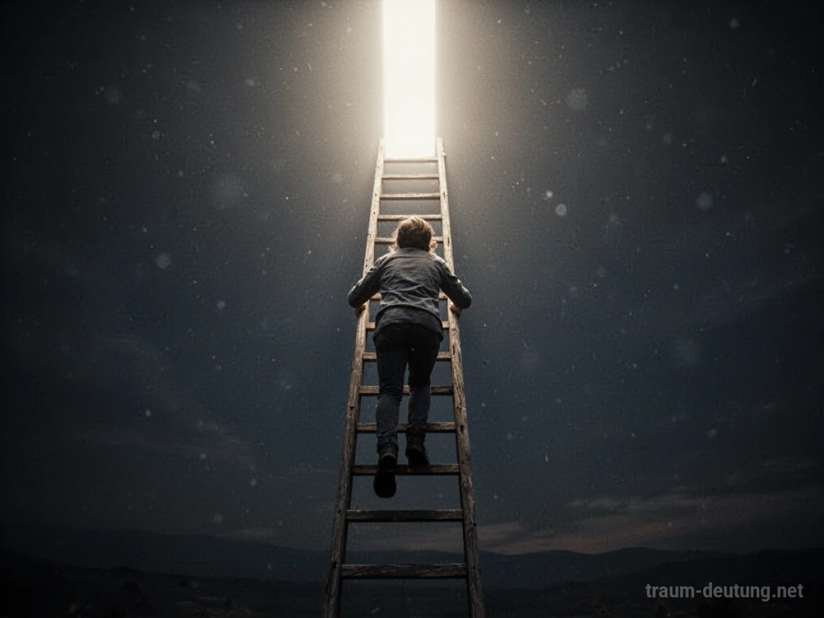 Eine Person klettert eine Holzleiter zu einem hellen Licht empor.