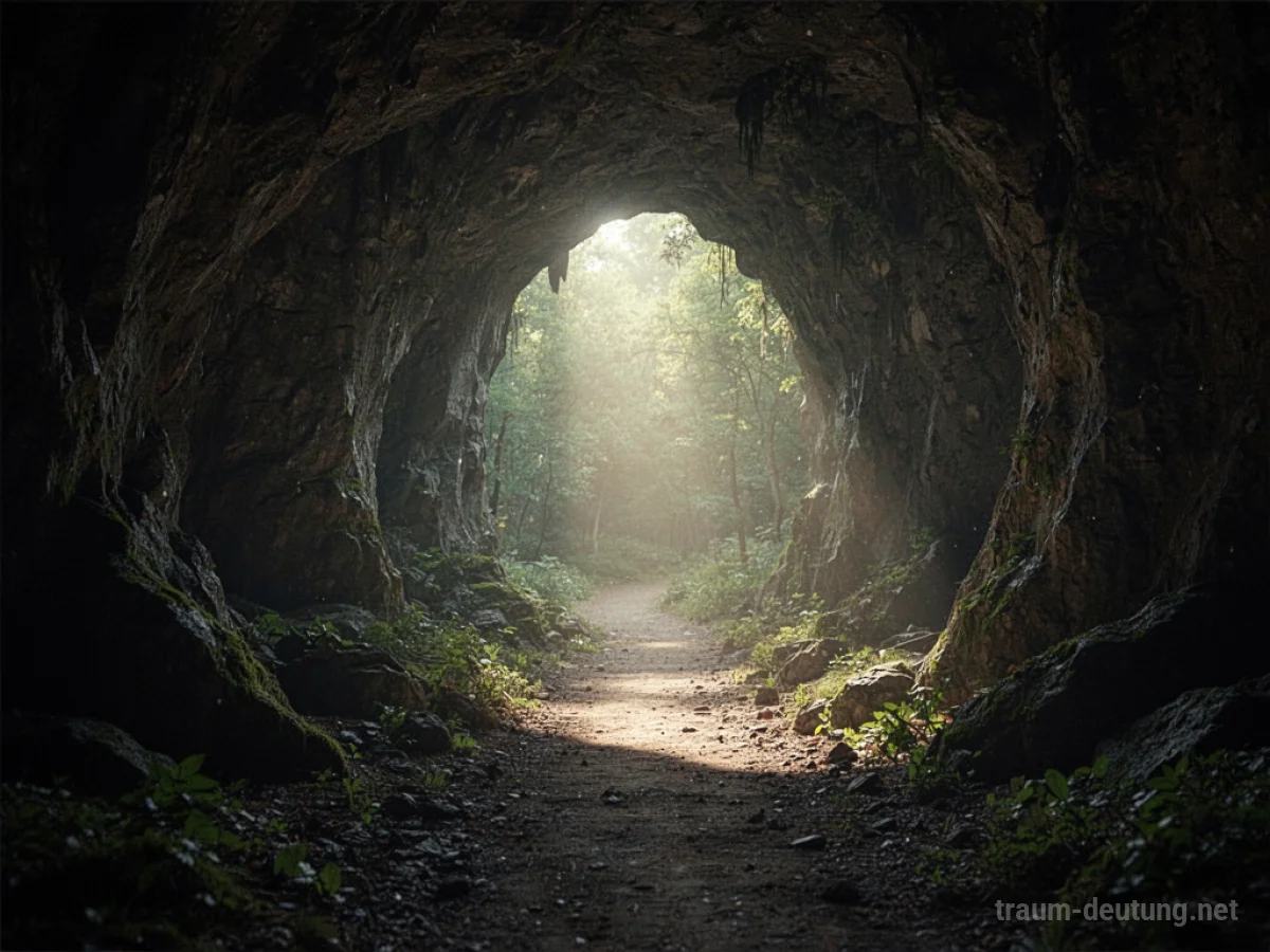 Ein heller Lichtschein am Ende einer dunklen Höhle.